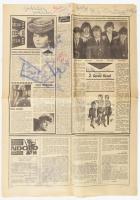 1966 The Rolling Stones a tagok, Mick Jagger, Keith Richards, Brian Jones, Billy Wyman és Charlie Watts által autográf dedikált Szép Szó c. újság a zenekarról szóló cikkel / Autograph signatures of the members of The Rolling Stones: Mick Jagger, Keith Richards, Brian Jones, Billy Wyman and Charlie Watts on a Hungarian newspaper article about the band