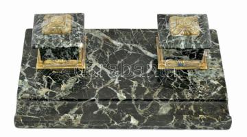 Antik márvány íróasztali tolltartó, tintatartó. Üvegbetét egyik kissé sérült. 21x31 cm