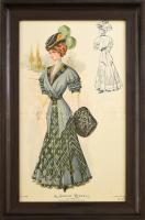 cca 1900 Színes női divatkép (Le Costume Royal). Nyomat, papír. 40x25 cm. Üvegezett fakeretben.