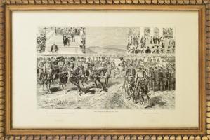 Vinzenz Katzler (1823-1882): I. Umbertó olasz király látogatása Bécsben (1881). Rotációs fametszet, papír, jelzett a metszeten. 23x34,5 cm. Üvegezett fakeretben.