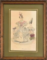 Kohlmann Lipót (működött a XIX. sz. első felében): Biedermeier női divat. Színezett rézmetszet, papír, jelzett a metszeten. 18,5x13 cm. Üvegezett fakeretben.