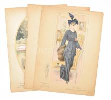cca 1910-15 La Femme chic francia női divatkép, 6 db. Színes litográfia, papír, jelzett a metszeten. Részben kissé foltos és lapszéli szakadásokkal. 37x27 cm.