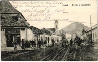 1915 Huszt, Chust, Khust; Fő tér és várrom, Hartstein J. üzlete / main square, castle ruin, shop + "Etappen Kraftwagen Kolonne 75."