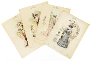 cca 1900 Chic Parisien, 4 db színes női divatkép. Színes litográfia, papír. Részben kissé foltos és kissé sérült. 43,5x32,5 cm.