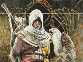 Olvashatatlan jelzéssel (Tieft Betina?): Harcos sassal. Akvarell, papír. Törésnyommal. 29,5x39,5 cm