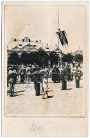 1938 Léva, Levice; bevonulás, országzászló, Knapp Dávid üzlete / entry of the Hungarian troops, Hungarian flag, shop. photo (Rb)