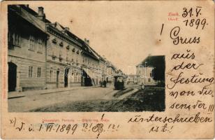 1899 (Vorläufer) Eszék, Essegg, Osijek; Fő tér és erőd, villamos. Ottokar Rechnitzer / Hauptplatz, Festung / Glavni trg, tvrdja / main square, fort, tram (felszíni sérülés / surface damage)