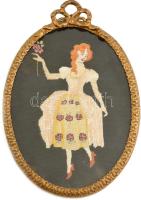 Ovális fa képkeret, üvegezett, női alak gobelinnel, szép állapotban, 31x21 cm
