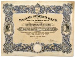 Budapest 1924. "Magyar Nemzeti Bank" magyar, angol, francia, német és olasz nyelvű részvénye 100 Arany Koronáról, szárazpecséttel és szelvényekkel T:F folt