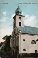 Campulung Moldovenesc, Moldvahosszúmező, Kimpolung (Bukovina, Bukowina); Katholic kirche / katolikus templom. Vasúti levelezőlapárusítás 6459 / church