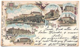 1899 (Vorläufer) Munkács, Mukacheve, Mukacevo; Festung, Schloss Beregh, Theater, Kloster Heil Basilordens, Neuer Bazar, Obergymnasium / vár, kastély, színház, templom, gimnázium. Kunstanstalt Karl Schwidernoch / castles, theatre, church, school. Art Nouveau, floral, litho (EK)