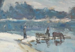Holba Tivadar (1906-1995): Téli Dunapart. Olaj, farost, jelzés nélkül. Hátoldalán Képcsarnok Vállala...
