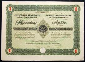 1927. "Országos Iparbank Részvénytársaság" részvénye 25P-ről, magyar és német nyelven, szelvényekkel