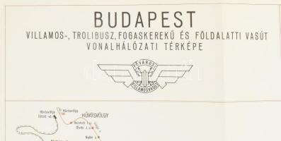 1966 Budapest villamos-, trolibusz-, fogaskerekű és földalatti vasút vonalhálózati térképe. Hajtott,...