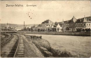 1918 Vatra Dornei, Dornavátra, Bad Dorna-Watra (Bukovina, Bukowina); Kuranlagen / spa alley next to the river, railway + "TÁBORI POSTAHIVATAL 635" (EK)