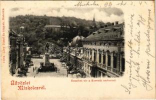 1899 (Vorläufer) Miskolc, Erzsébet tér a Kossuth szoborral. Kiadja Lővy József fia (gyűrődések / creases)