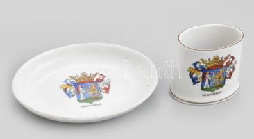 Nagyvárad Herendi porcelán kínáló és tálka Nagyvárad címerével. Kézzel festett, jelzett, minimális kopással m: 5,5 cm, 11x9 cm