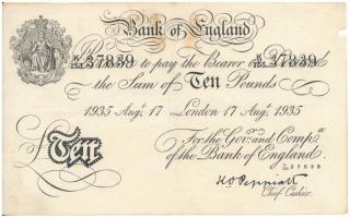 Nagy-Britannia 1935. 10P a második világháborús "Bernhard művelet" hamis bankjegye "K153 37839", szokásos tűnyommal T:III kis szakadás és anyaghiány Great Britain 1935. 10 Pounds fake banknote of "Operation Bernhard" in World War II, "K153 37839", with the usual pinholes C:F small tear and missing material