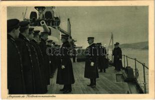 1916 Pola, Pula; Anton Haus látogatása / Ansprache des Flottenkommandanten, K.u.k. Kriegsmarine / Admiral Anton Haus on an Austro-Hungarian Navy battleship. Verlag Rotes Kreuz, Pola, Nr. 1021. Phot. A. Hauger 1916 + K.U.K. MARINEFELDPOSTAMT