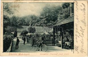 1900 Miskolc, Görömbölyi Tapolca fürdő részlet, vendéglő, kerékpáros. Kardos József kiadása (fl)