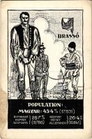 Brassó, Kronstadt, Brasov; Magyar, német és román (oláh) nemzetiségek népesség aránya. Címer, Pátria rt. kiadása / Percentage of Hungarian, German and Romanian population. Irredenta art postcad with coat of arms s: Pólya Tibor (ragasztónyom / gluemark)