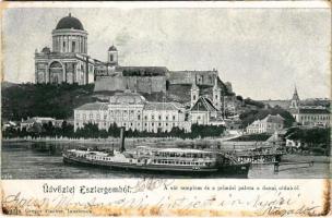 1902 Esztergom, A vártemplom és a primási palota a dunai oldalról, gőzhajó. Kiadja Gregor Fischer (fl)