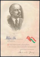 cca 1980 MSZMP 25 éves párttagság emlékoklevél, Lenin arcképével, Kádár János nyomtatott aláírásával, sérült, 23x16,5 cm