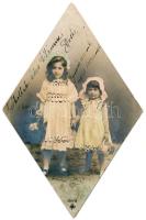 1904 Gyerekek. Rombusz alakú mini üdvözlőlap / Children. Rhombus-shaped mini greeting postcard (EK) (8 x 8 cm)