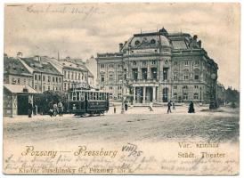 1901 Pozsony, Pressburg, Bratislava; Városi színház, villamos megálló. Duschinsky G. 137. k. / theatre, tram. mini card (9 x 6,5 cm) (gyűrődés / crease)