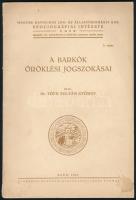 Dr. Tóth Zoltán György: A barkók öröklési jogszokásai. Magyar Katolikus Jog- és Államtudományi Kar Szociográfiai Intézetének kiadványai 2. sz. Eger, 1947, szerzői kiadás (Egyházmegyei Szent János-ny.), 46+(1) p. Kiadói papírkötés, kissé foltos borítóval.