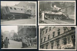 1956 Budapest, a forradalom alatt készült felvételek: szovjet harckocsik, felborult HÉV(?) szerelvény, szétlőtt villamos és épületek; 9 db fotó, feltehetőleg későbbi előhívások, 14x9 cm körül