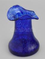 Retro német kék hutaüveg váza, anyagában fonalasan színezett, jelzés nélkül, hibátlan, m: 14 cm