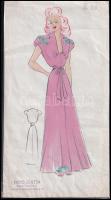 Radó Zsuzsa divattervező, működött a XX. sz. közepén: Rószaszín ruhaterv, 1940 k.. Ceruza, akvarell, papír, pecséttel jelzett. 29x16 cm