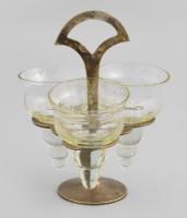 Elegáns Asztali art-deco hármas fűszerkínáló,3 db hibátlan fújt üveg tartóval,fém plasztikus fogantyúval ,patinával 16 cm
