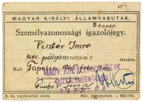 1945 Magyar Királyi Államvasutak személyazonossági igazolójegy, 8,5x6 cm