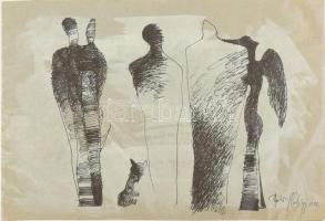 Szalay Pál (1953-2015): Alakok (szürrealista rajz). Tus, papír. Jelzett. 24,5x35 cm