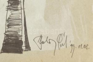 Szalay Pál (1953-2015): Alakok (szürrealista rajz). Tus, papír. Jelzett. 24,5x35 cm