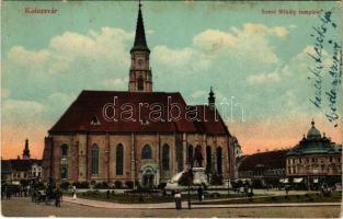 1913 Kolozsvár, Cluj; Szent Mihály templom, Mátyás király szobor, Haraszthy Jenő üzlete / church, statue, monument, shops (fl)