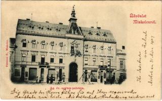 1907 Miskolc, Ágostai Evangélikus egyház palotája, Domán József üzlete, Simkó Sándor fodrászata, Rosenbluth Márton üzlete. Kiadja Ferenczi B. (EB)