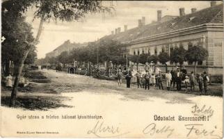 1906 Szerencs, Gyár utca a telefonhálózat készítésekor. Miskolci Takarékegylet fióktelepe. Kiadja Zipser Sámuel