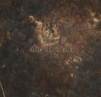 Asztali kerek réz patinás hamuzó gyufatartóval és cigaretta kínáló, patinával, alján jelzett: Oroszl...