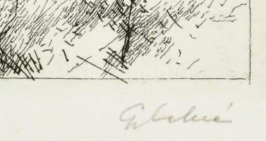 Gy. Molnár István (1933-): Nyárutó. Rézkarc, papír, jelzett, 19x30 cm, üvegezett fakeretben. Hátolda...