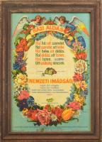 1928 Házi áldás, irredenta nemzeti imádsággal, "Szabad Szó" politikai hetilap előfizetőinek küldött ajándék, ofszet nyomat, papír, kissé foltos, üvegezett fakeretben, 44,5x29,5 cm