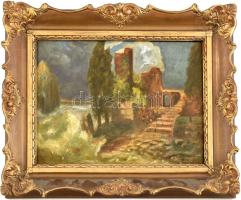 Olvashatatlan jelzéssel: Romantikus táj. Olaj, karton. Dekoratív, üvegezett fakeretben, 24,5×32,5 cm