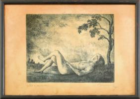 Bánk Ernő (1883-1962): Akt a szabadban, 1927. Rézkarc, papír, jelzett, kissé foltos. Üvegezett fakeretben, 19×24 cm