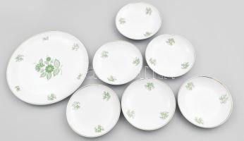 Hollóházi zöld virágmintás süteménykínáló készlet, jelzéssel, minimális kopással, d: 15-25 cm