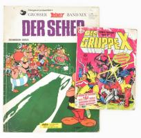 Német nyelvű Asterix színes képregény + Die Gruppe X (X-Men) német nyelvű színes képregény. Kopott, sérült borítóval, de alapvetően jó állapotban.