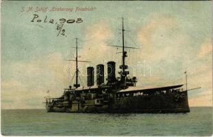 1908 SMS Erzherzog Friedrich az Osztrák-Magyar Haditengerészet pre-dreadnought csatahajója / K.u.K. Kriegsmarine Linienschiffe / Austro-Hungarian Navy, pre-dreadnought battleship SMS Erzherzog Friedrich. Guido Costalunga, Pola 1908.