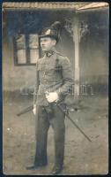 cca 1930-1940 Horthy-korszak, csendőrtiszt egyenruhában, karddal, lövészbojttal; fotólap, 14x8,5 cm