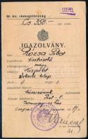 1929 Csepel, M. kir. révkapitányság által kiállított igazolvány túracsónakról